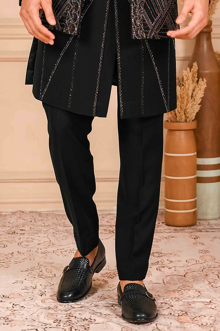 Deep Black Poly Lycra Hand Embroidered Groom Indowestern Set by ADANI at Pernia's Pop Up Shop