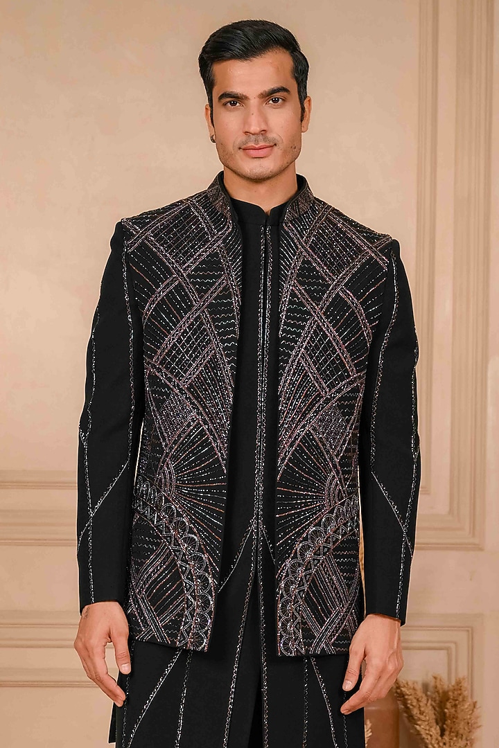 Deep Black Poly Lycra Hand Embroidered Groom Indowestern Set by ADANI at Pernia's Pop Up Shop