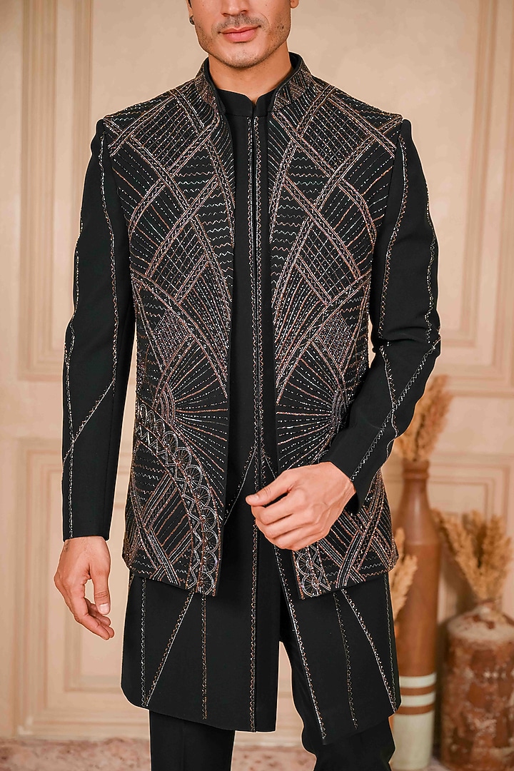 Deep Black Poly Lycra Hand Embroidered Groom Indowestern Set by ADANI at Pernia's Pop Up Shop