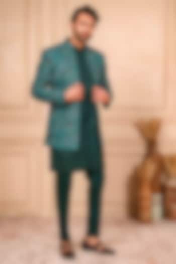 Sea Green Suede Thread Embroidered Wedding Indowestern Set by ADANI at Pernia's Pop Up Shop