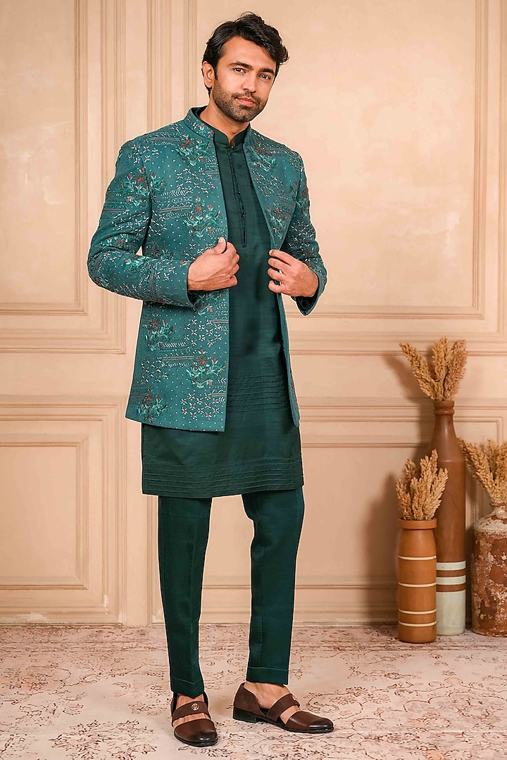 Sea Green Suede Thread Embroidered Wedding Indowestern Set by ADANI at Pernia's Pop Up Shop
