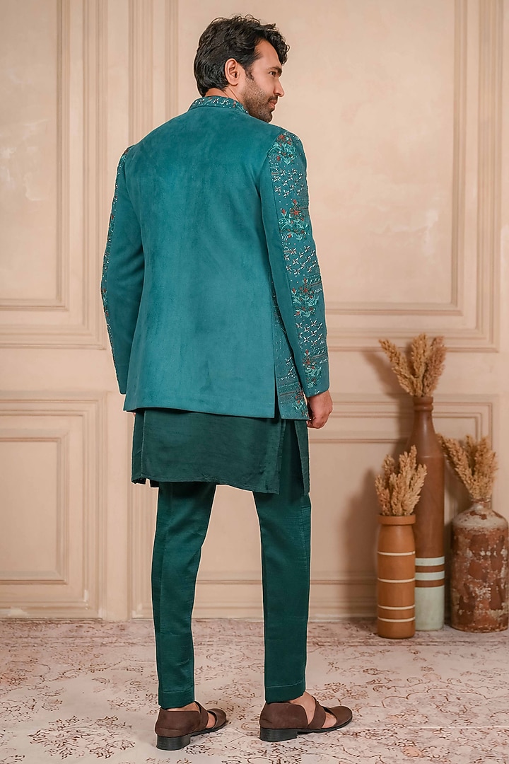 Sea Green Suede Thread Embroidered Wedding Indowestern Set by ADANI at Pernia's Pop Up Shop