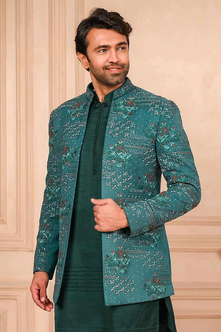 Sea Green Suede Thread Embroidered Wedding Indowestern Set by ADANI at Pernia's Pop Up Shop