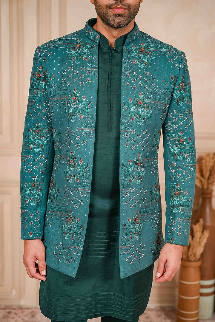 Sea Green Suede Thread Embroidered Wedding Indowestern Set by ADANI at Pernia's Pop Up Shop