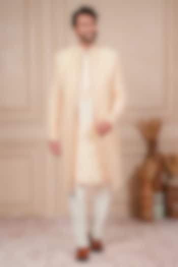 Peach Dupion Silk Marodi Embroidered Wedding Indowestern Set by ADANI at Pernia's Pop Up Shop