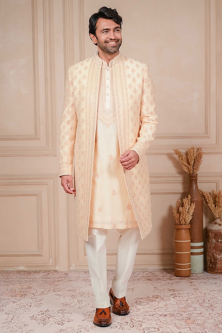 Peach Dupion Silk Marodi Embroidered Wedding Indowestern Set by ADANI at Pernia's Pop Up Shop
