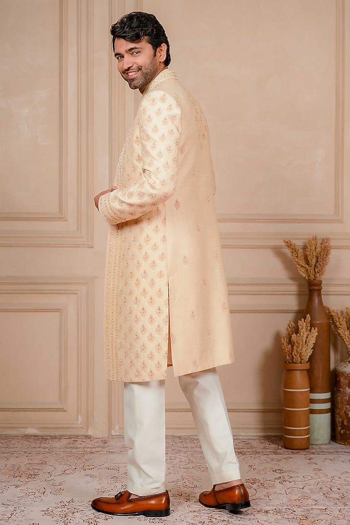 Peach Dupion Silk Marodi Embroidered Wedding Indowestern Set by ADANI at Pernia's Pop Up Shop