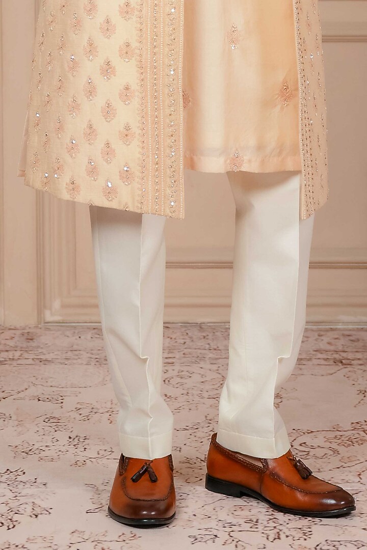 Peach Dupion Silk Marodi Embroidered Wedding Indowestern Set by ADANI at Pernia's Pop Up Shop