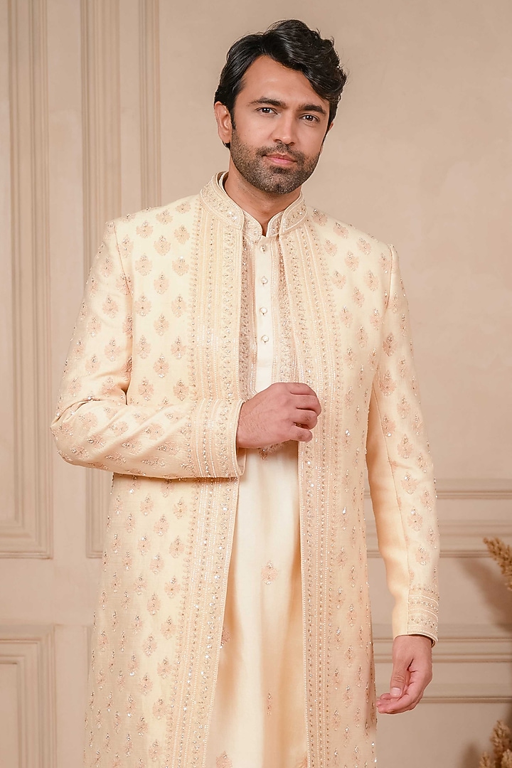 Peach Dupion Silk Marodi Embroidered Wedding Indowestern Set by ADANI at Pernia's Pop Up Shop