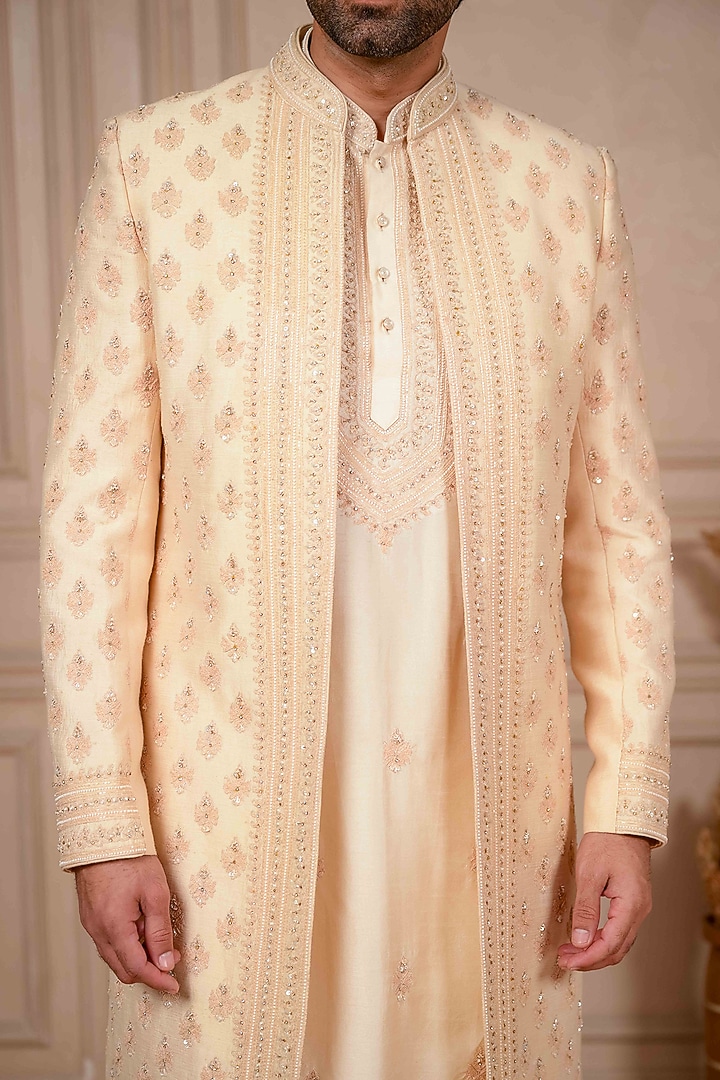 Peach Dupion Silk Marodi Embroidered Wedding Indowestern Set by ADANI at Pernia's Pop Up Shop
