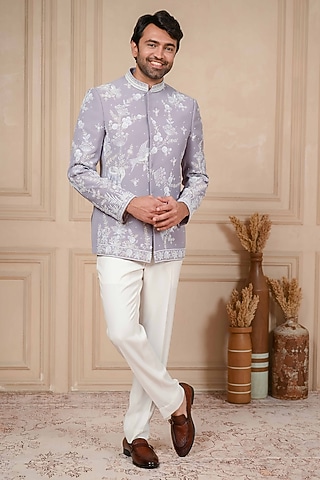 Periwinkle Lilac Poly Lycra Cutdana Work Jodhpuri Set by ADANI