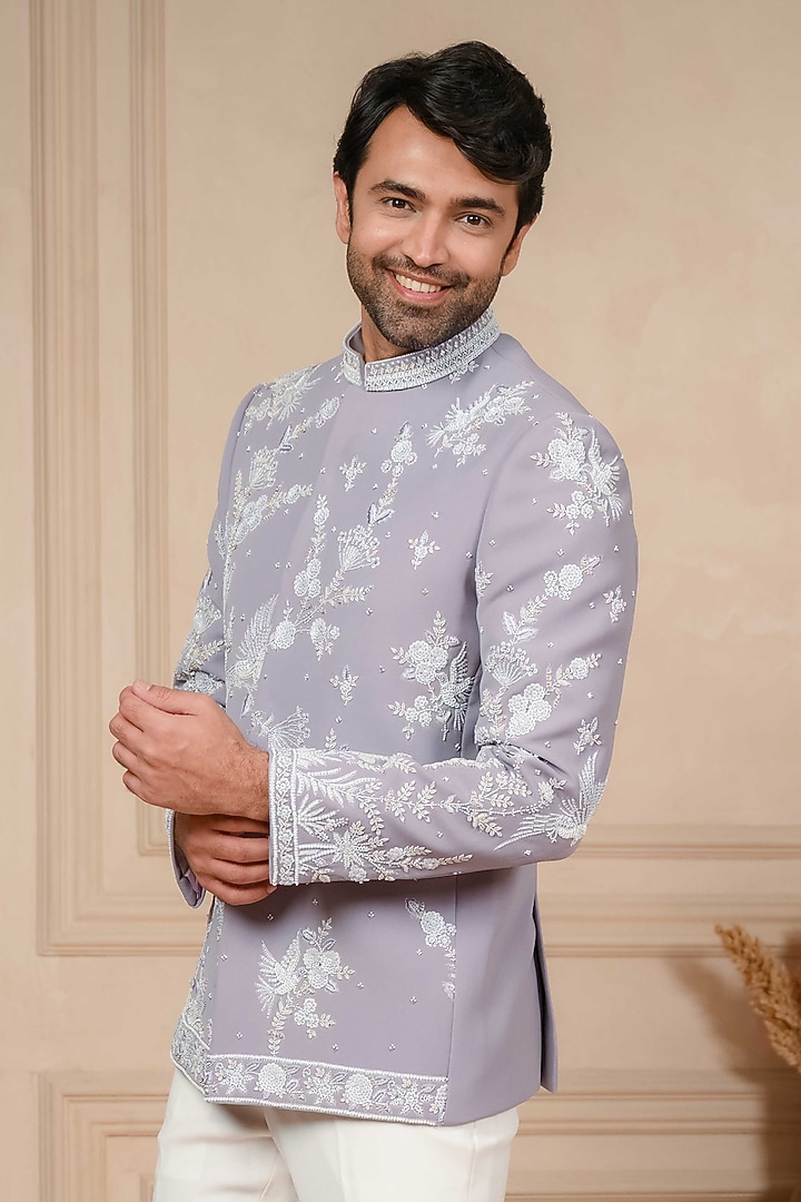 Periwinkle Lilac Poly Lycra Cutdana Work Jodhpuri Set by ADANI at Pernia's Pop Up Shop