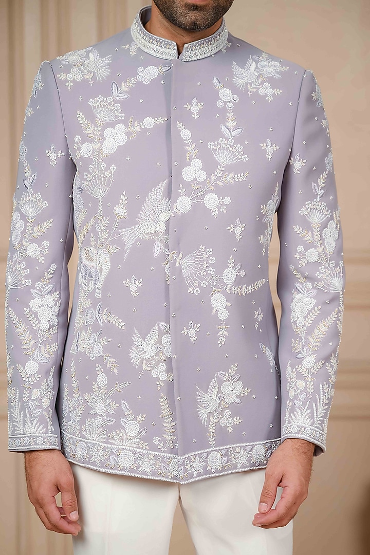 Periwinkle Lilac Poly Lycra Cutdana Work Jodhpuri Set by ADANI at Pernia's Pop Up Shop