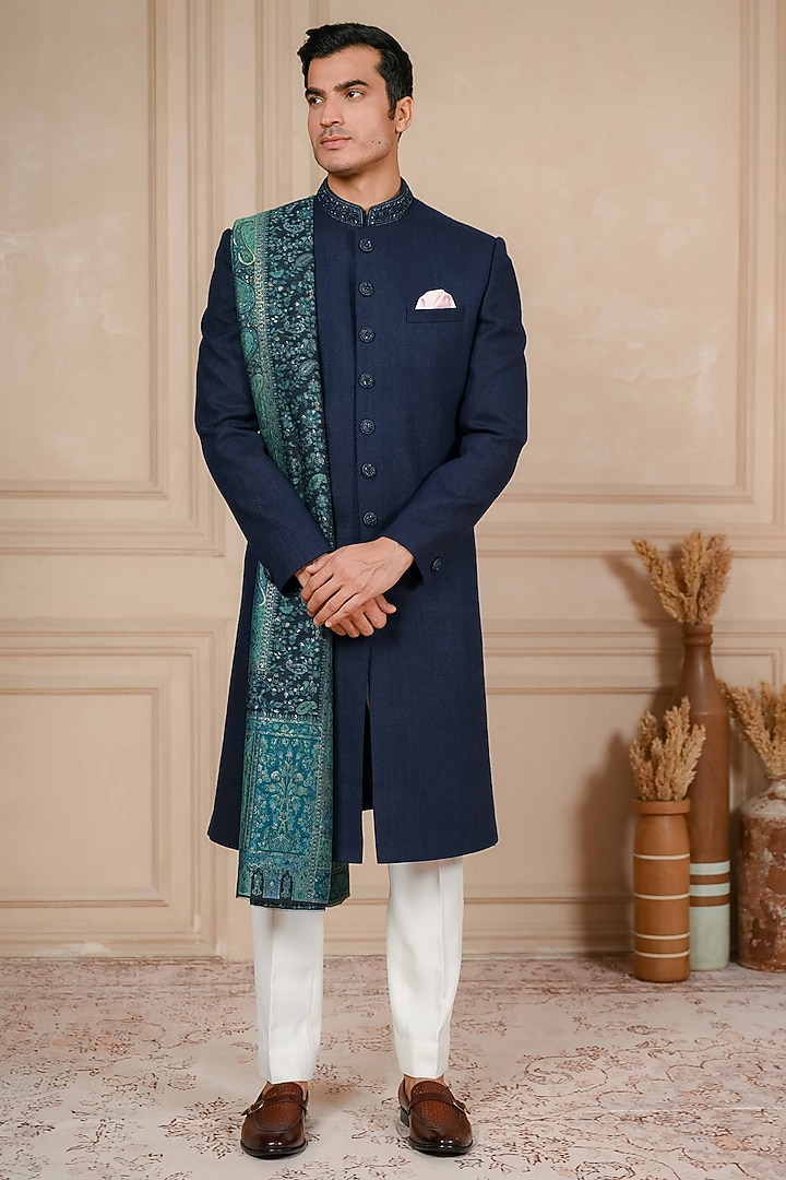 Midnight Blue Matka Hand Embroidered Wedding Indowestern Set by ADANI ...