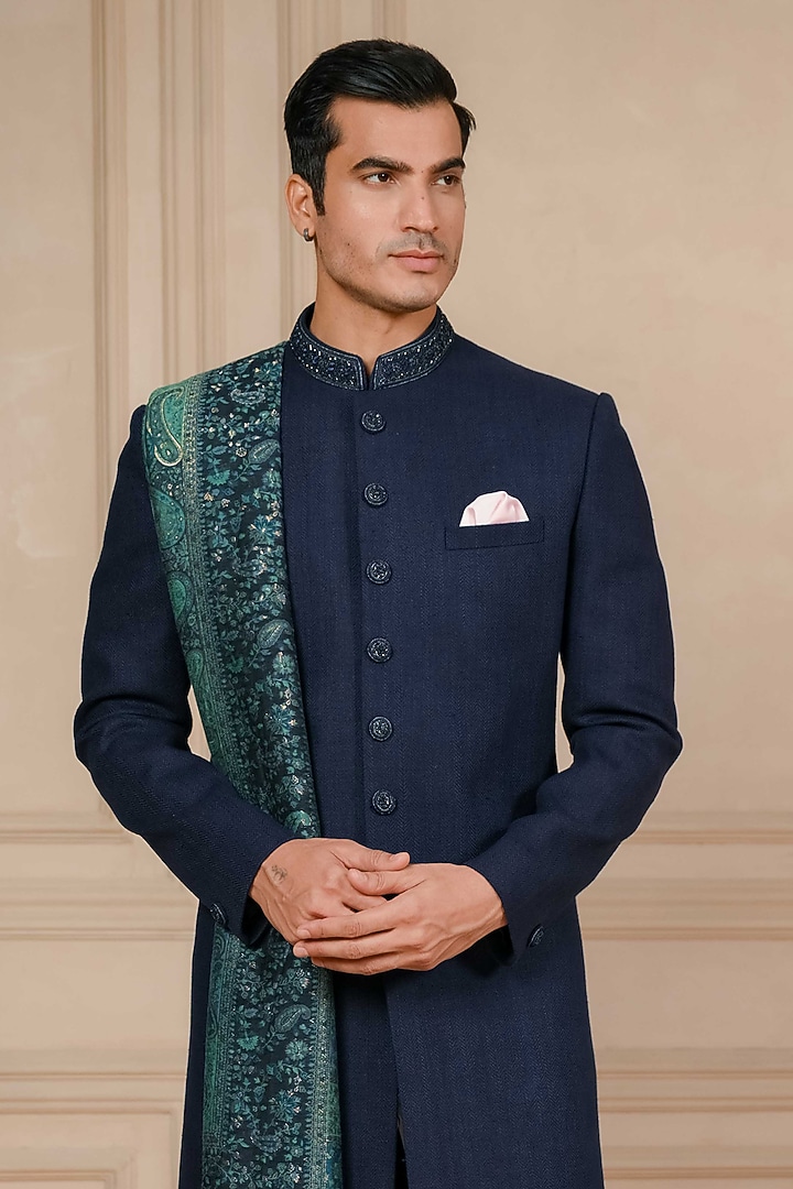 Midnight Blue Matka Hand Embroidered Wedding Indowestern Set by ADANI ...