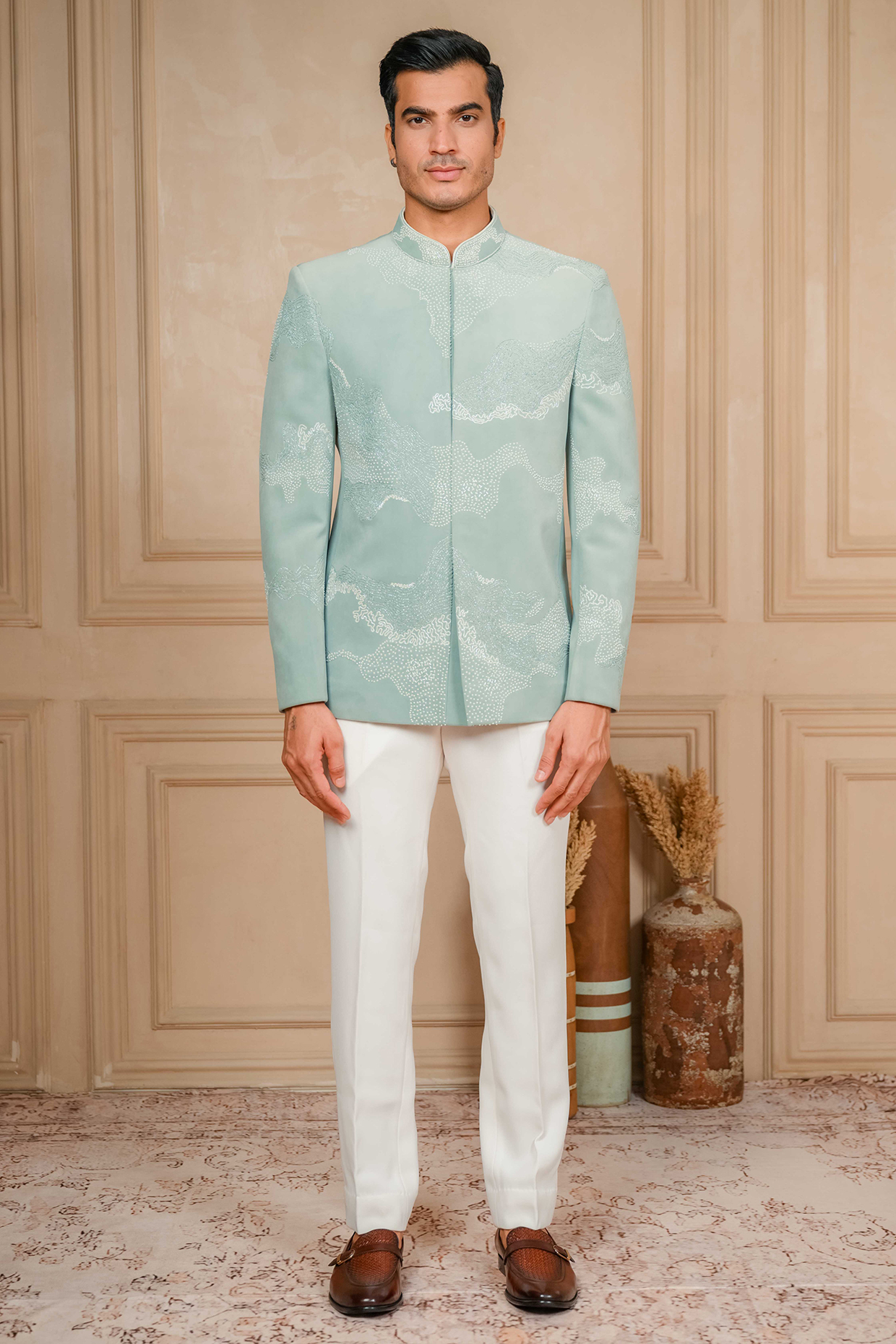 Sea Green Suede Hand Embroidered Jodhpuri Set by ADANI