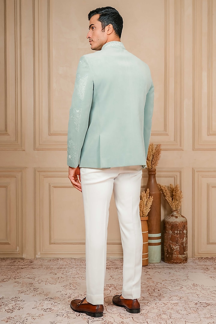 Sea Green Suede Hand Embroidered Jodhpuri Set by ADANI at Pernia's Pop Up Shop