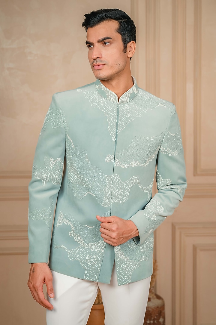 Sea Green Suede Hand Embroidered Jodhpuri Set by ADANI at Pernia's Pop Up Shop