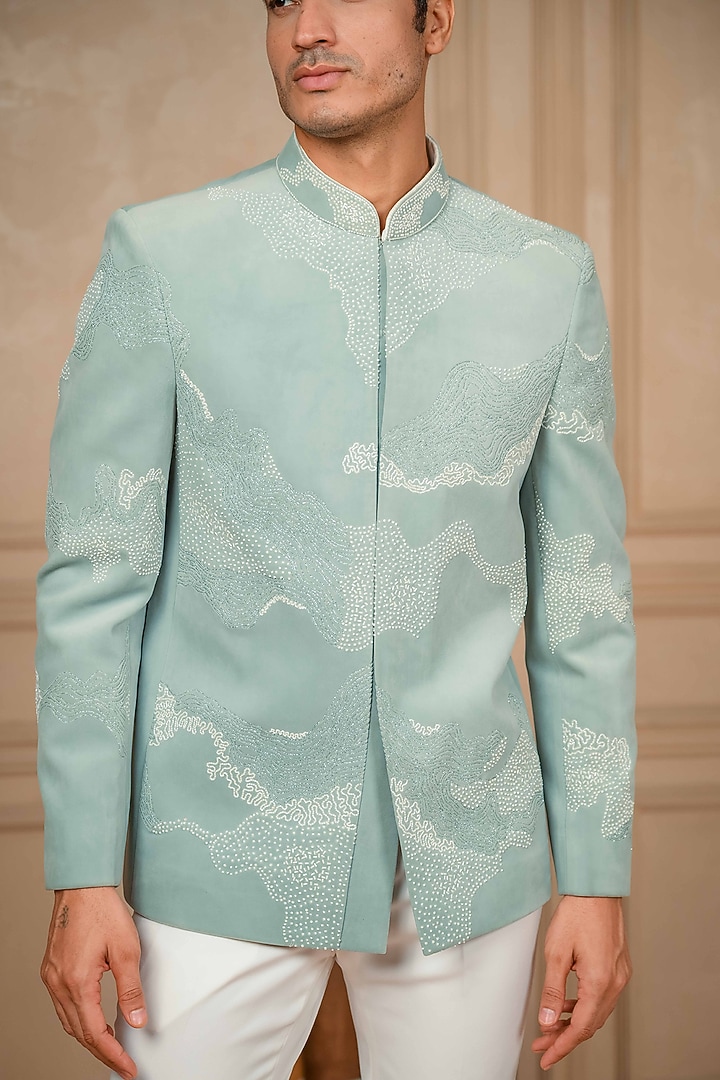 Sea Green Suede Hand Embroidered Jodhpuri Set by ADANI at Pernia's Pop Up Shop