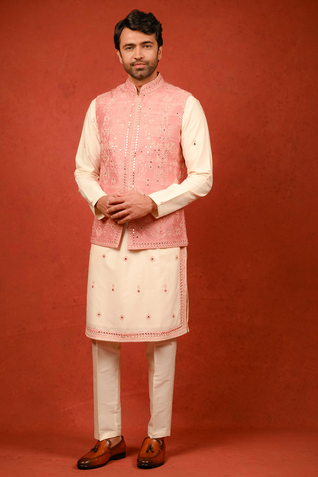 Peach Raw Silk Mirror Embellished Bundi Jacket Set by ADANI