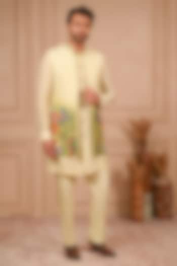 Pista Green Dupion Silk Resham Embroidered Long Jacket Set by ADANI