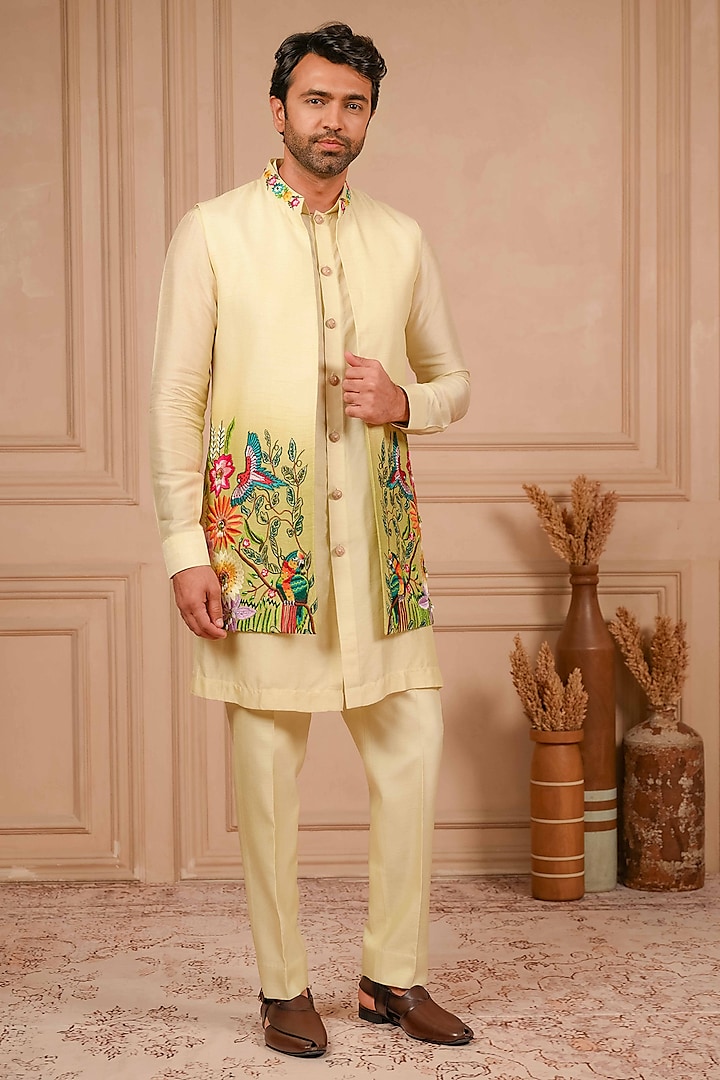 Pista Green Dupion Silk Resham Embroidered Long Jacket Set by ADANI