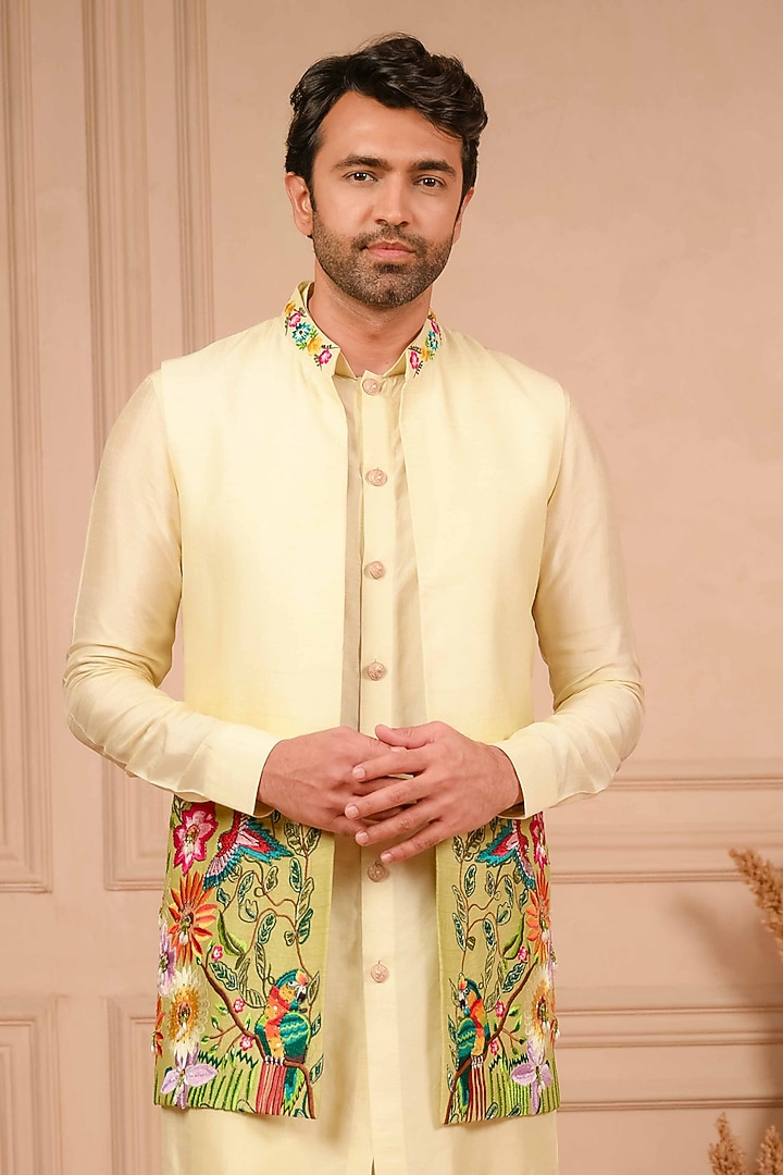 Pista Green Dupion Silk Resham Embroidered Long Jacket Set by ADANI at Pernia's Pop Up Shop