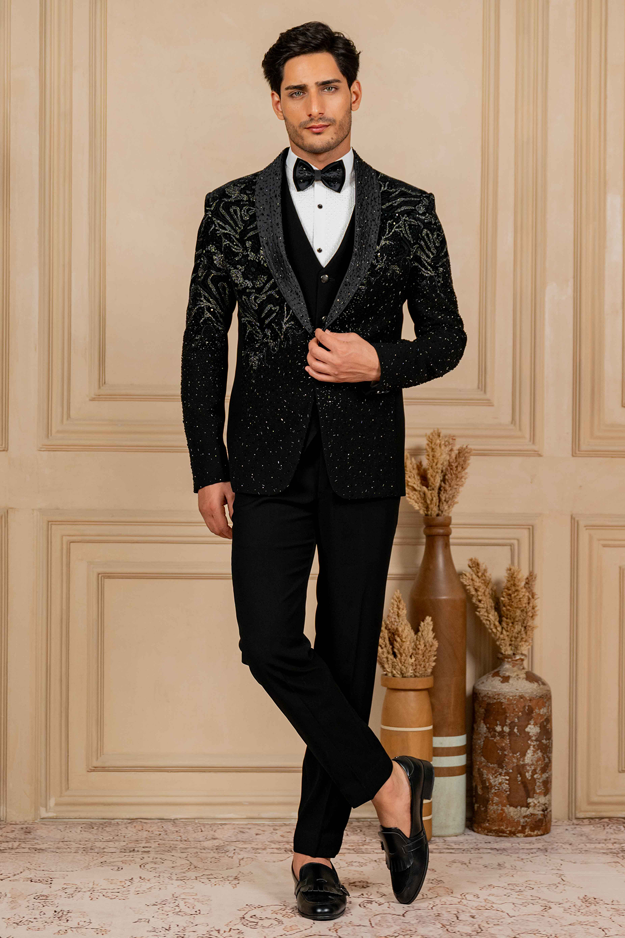 Black Poly Lycra Sequins Embroidered Tuxedo Set by ADANI