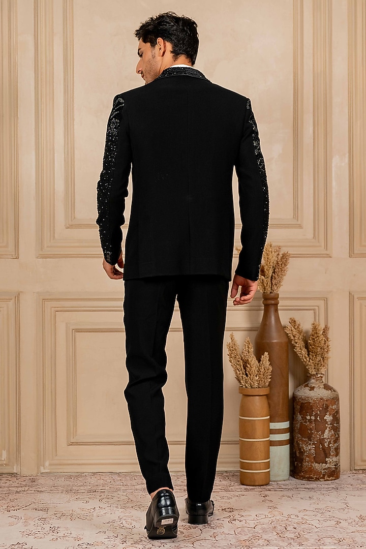 Black Poly Lycra Sequins Embroidered Tuxedo Set by ADANI at Pernia's Pop Up Shop