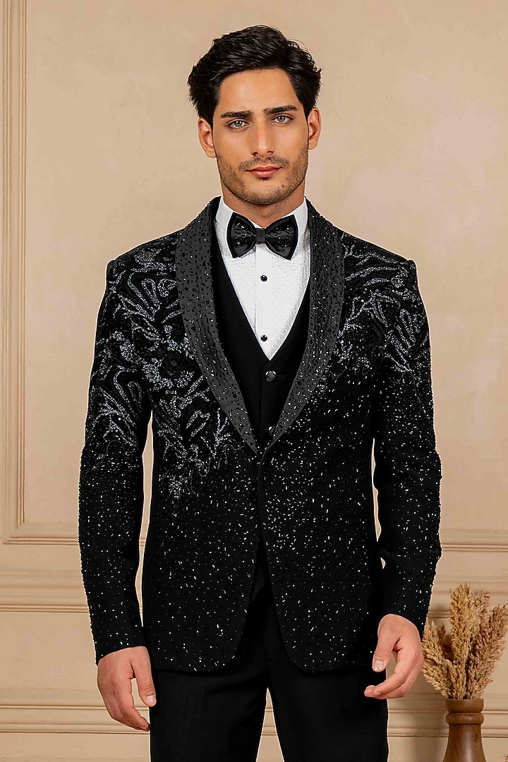 Black Poly Lycra Sequins Embroidered Tuxedo Set by ADANI at Pernia's Pop Up Shop