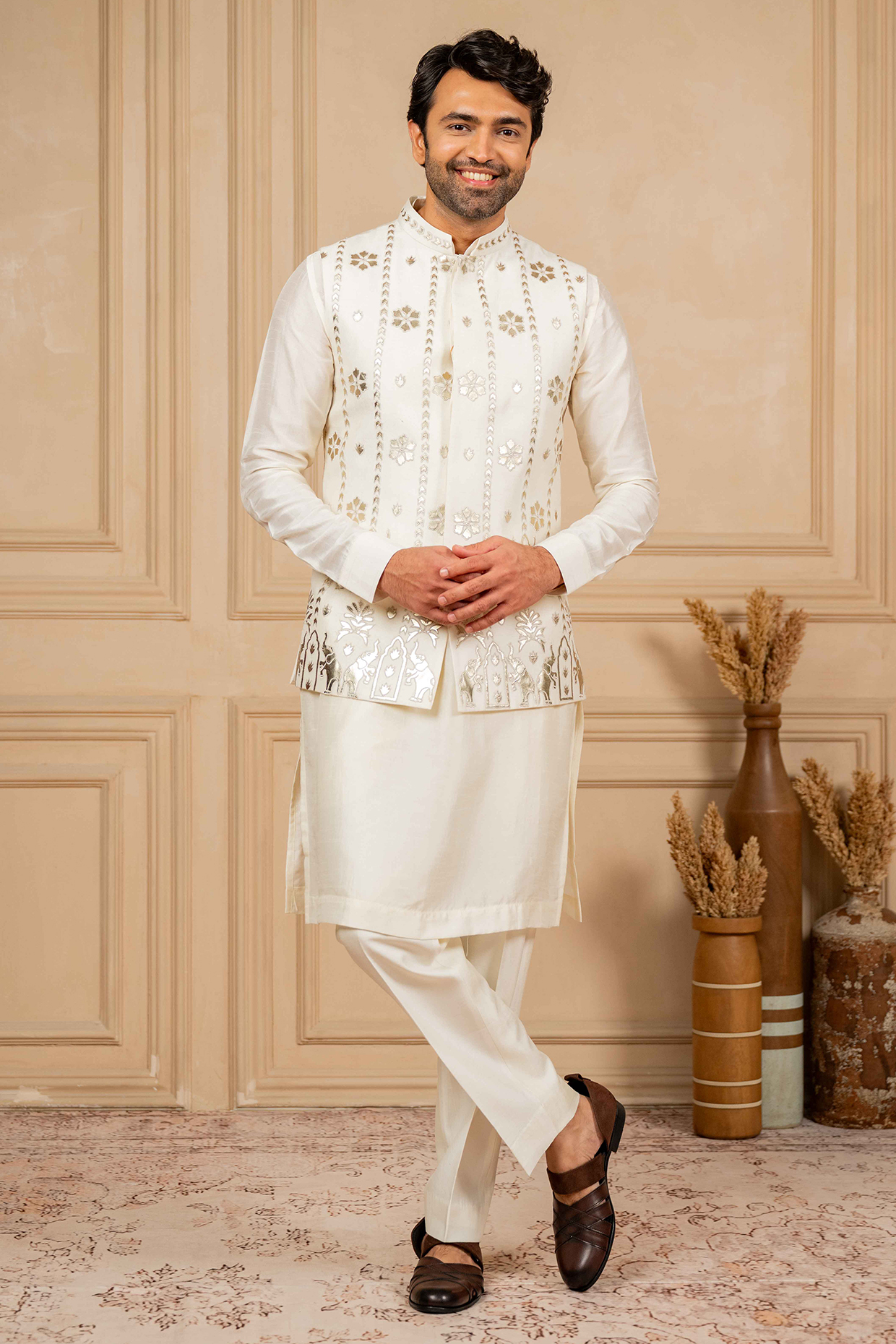 Off-White Dupion Silk Foil Applique Work Bundi Jacket Set by ADANI