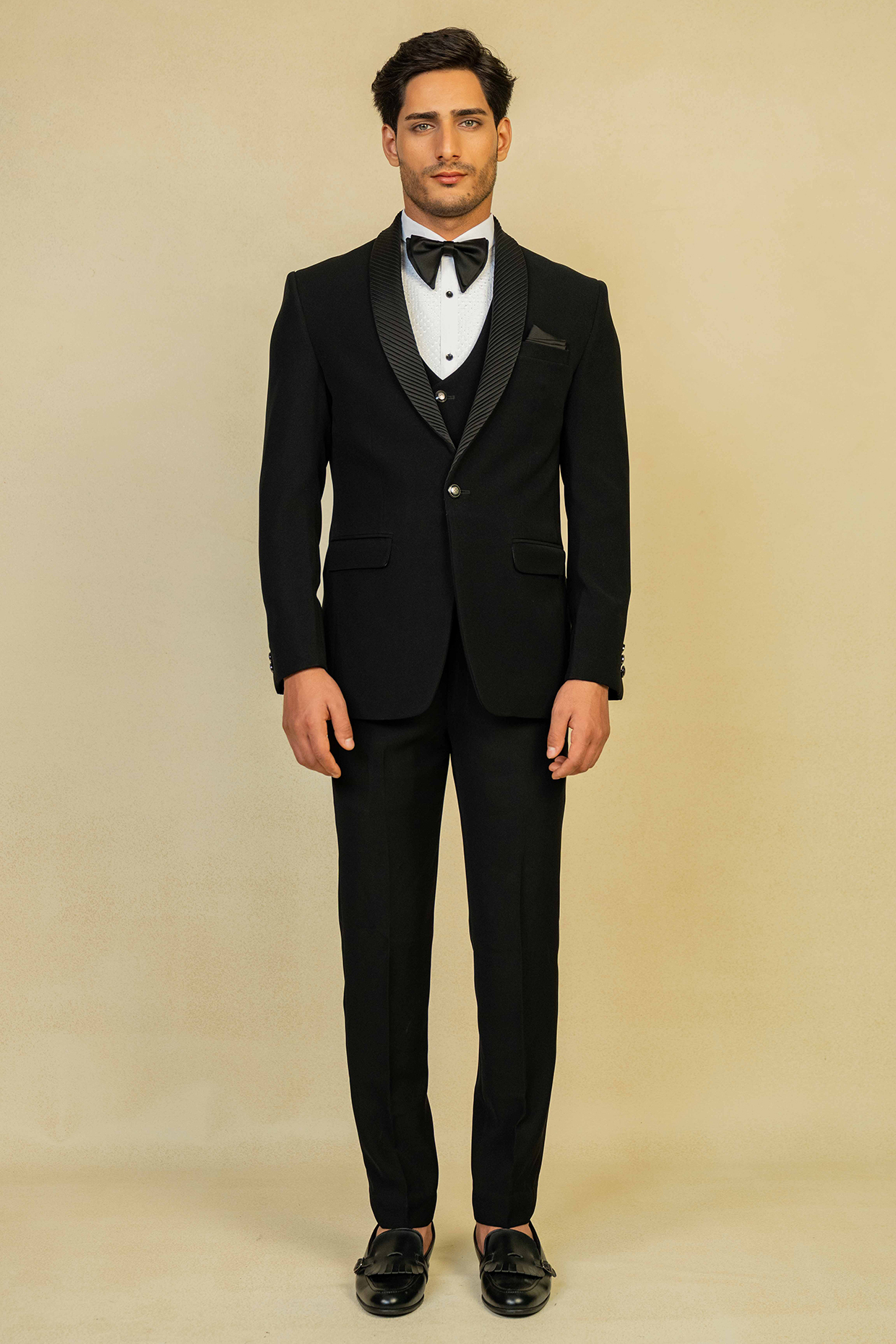 Black Poly Lycra Tuxedo Set by ADANI