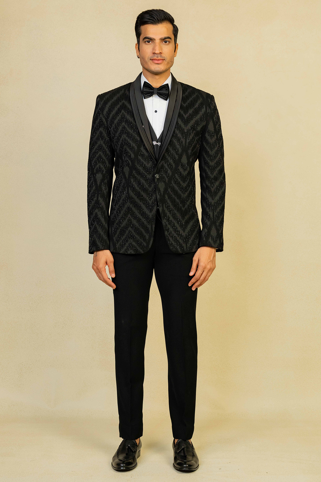 Black Poly Lycra Cutdana Embroidered Tuxedo Set by ADANI