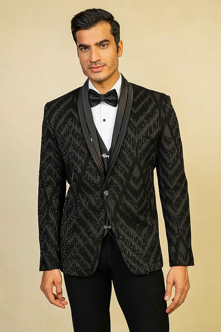 Black Poly Lycra Cutdana Embroidered Tuxedo Set by ADANI at Pernia's Pop Up Shop