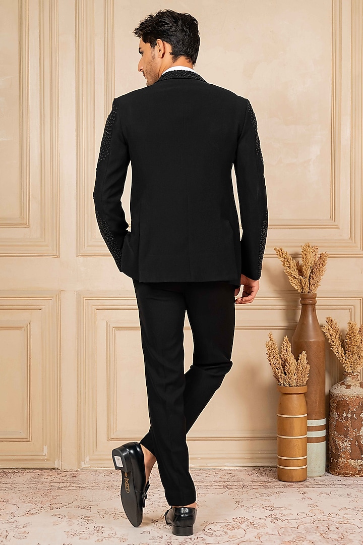 Black Poly Lycra Cutdana Embroidered Tuxedo Set by ADANI at Pernia's Pop Up Shop
