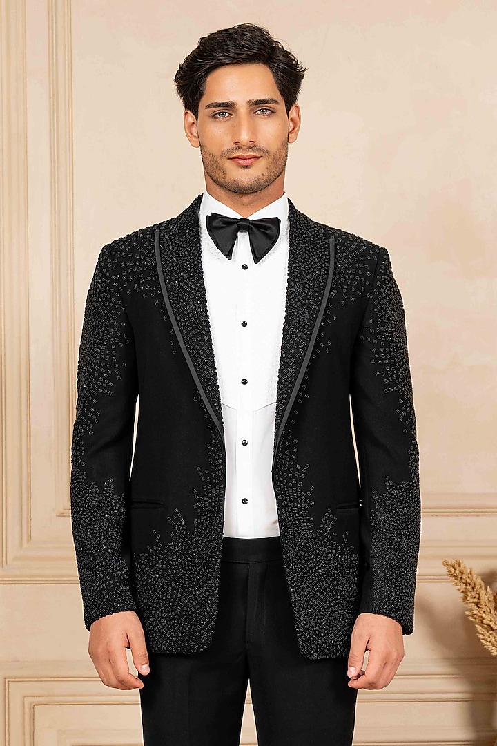 Black Poly Lycra Cutdana Embroidered Tuxedo Set by ADANI at Pernia's Pop Up Shop