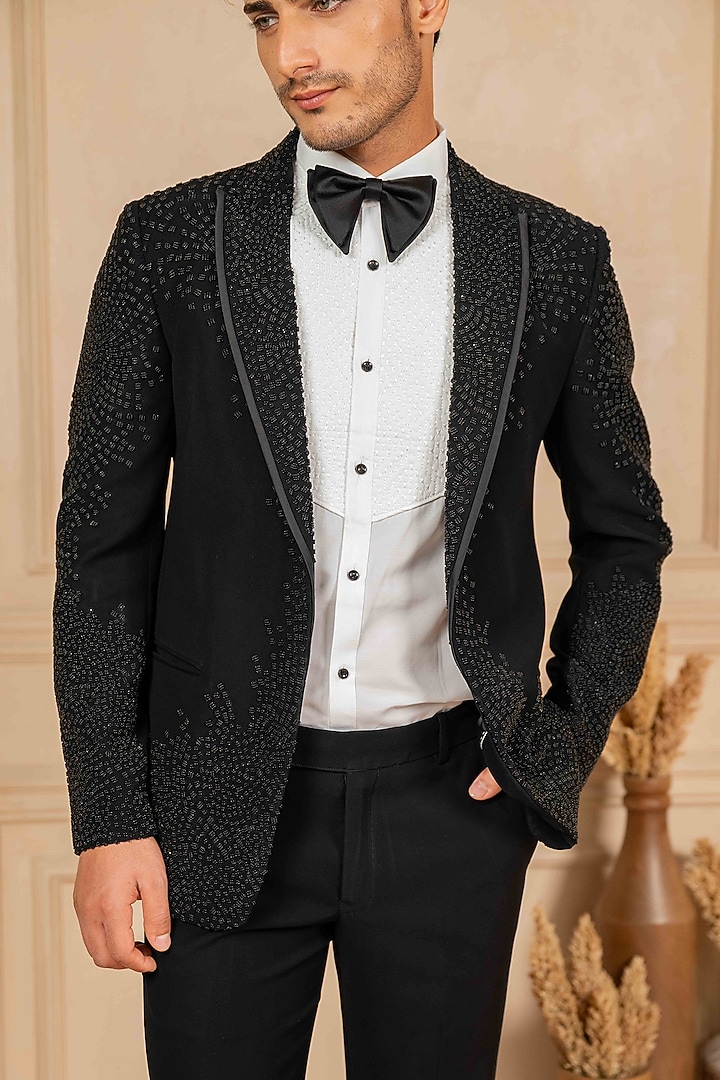 Black Poly Lycra Cutdana Embroidered Tuxedo Set by ADANI at Pernia's Pop Up Shop