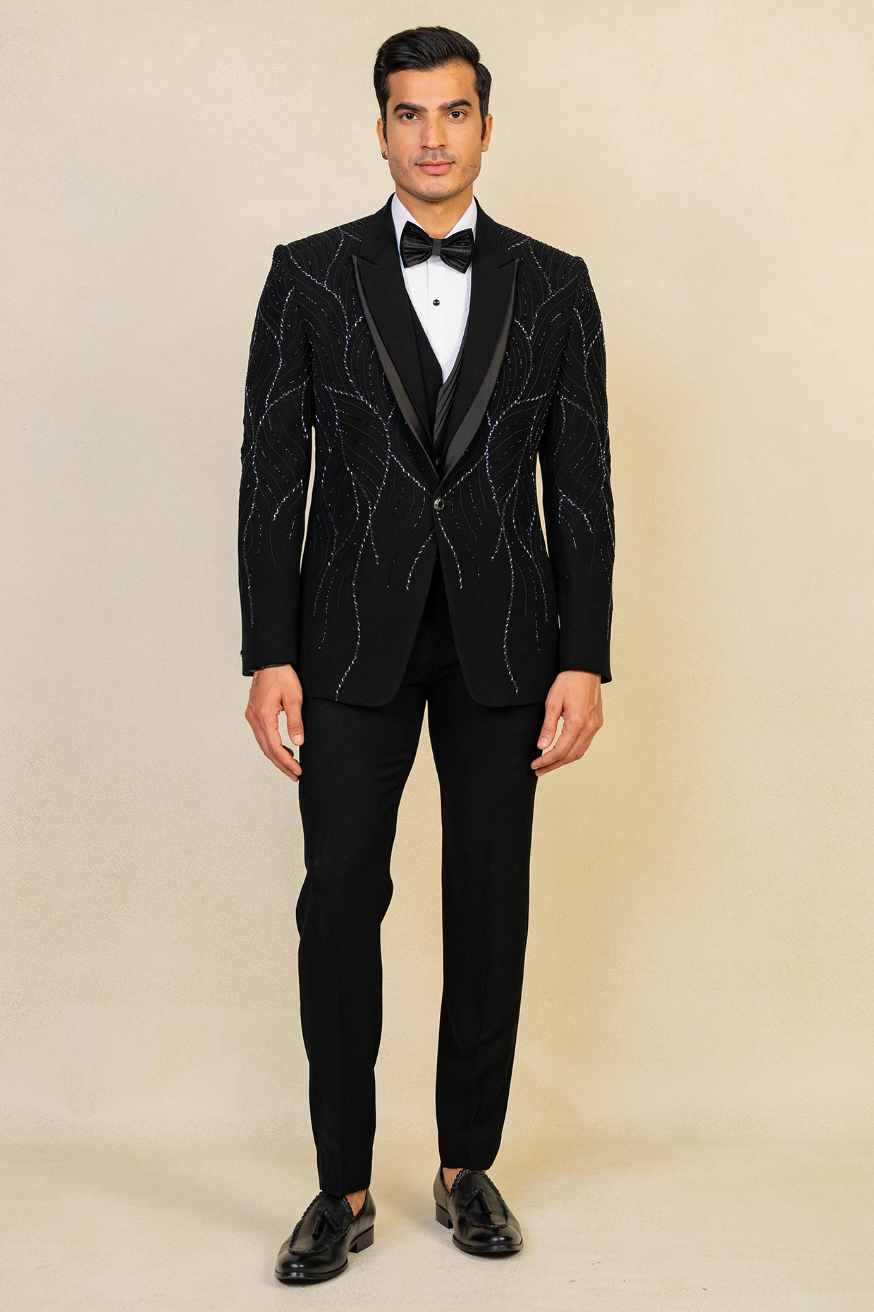 Black Poly Lycra Embroidered Tuxedo Set by ADANI