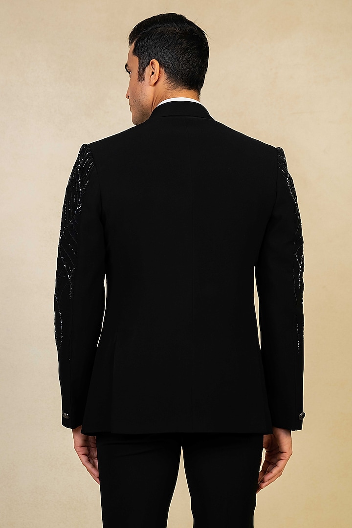 Black Poly Lycra Embroidered Tuxedo Set by ADANI at Pernia's Pop Up Shop