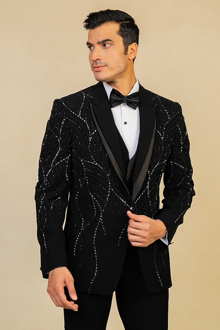 Black Poly Lycra Embroidered Tuxedo Set by ADANI at Pernia's Pop Up Shop
