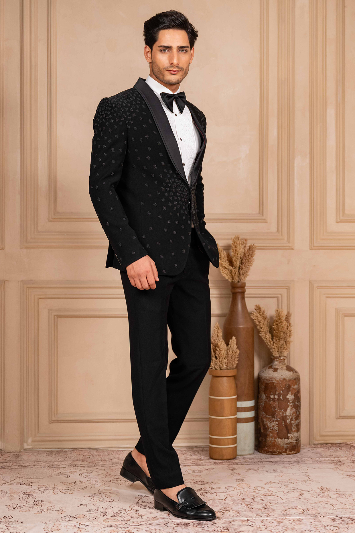 Black Poly Lycra Pearl Embroidered Tuxedo Set by ADANI