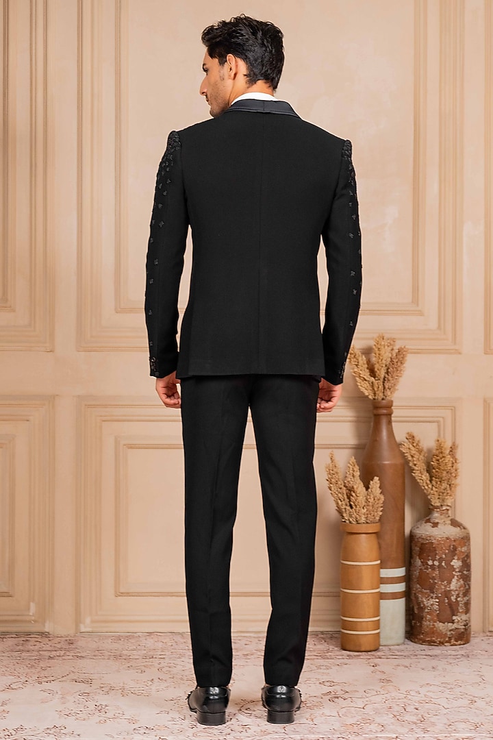 Black Poly Lycra Pearl Embroidered Tuxedo Set by ADANI at Pernia's Pop Up Shop