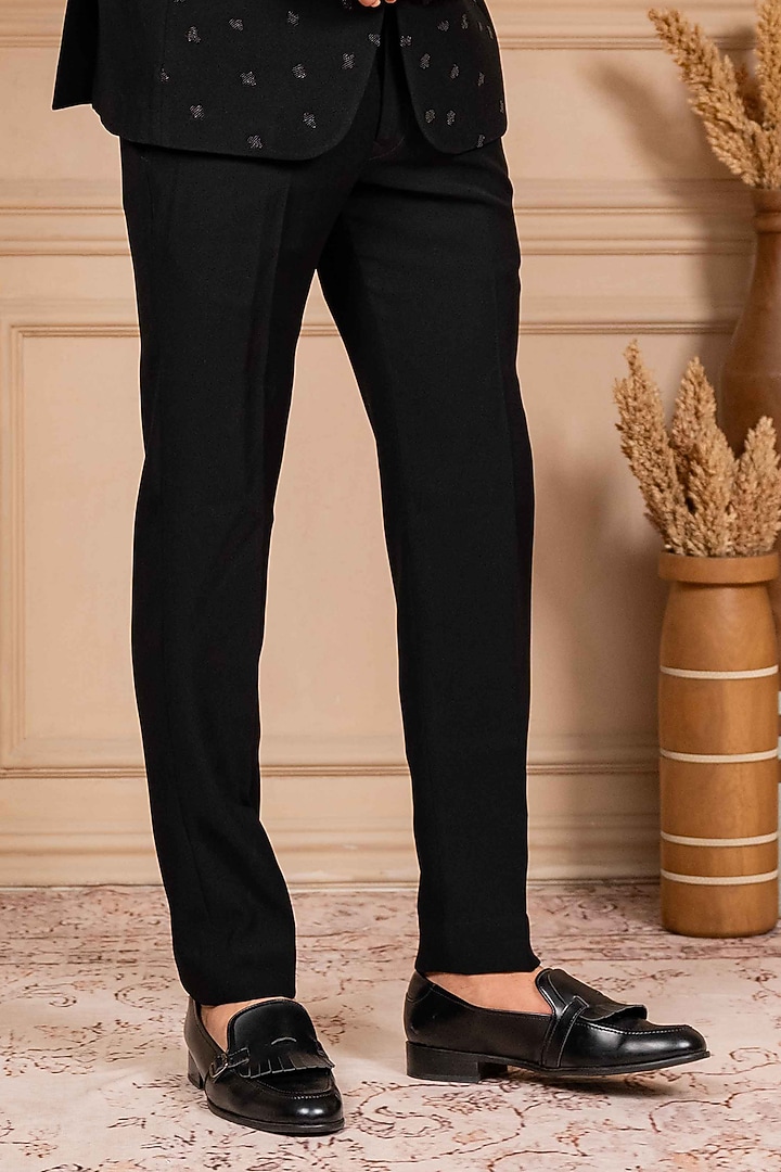 Black Poly Lycra Pearl Embroidered Tuxedo Set by ADANI at Pernia's Pop Up Shop