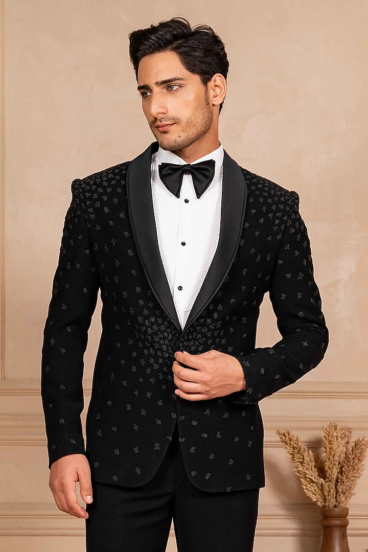 Black Poly Lycra Pearl Embroidered Tuxedo Set by ADANI at Pernia's Pop Up Shop