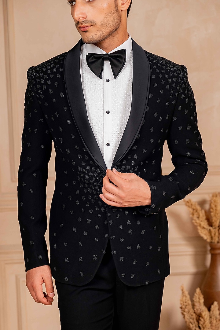 Black Poly Lycra Pearl Embroidered Tuxedo Set by ADANI at Pernia's Pop Up Shop
