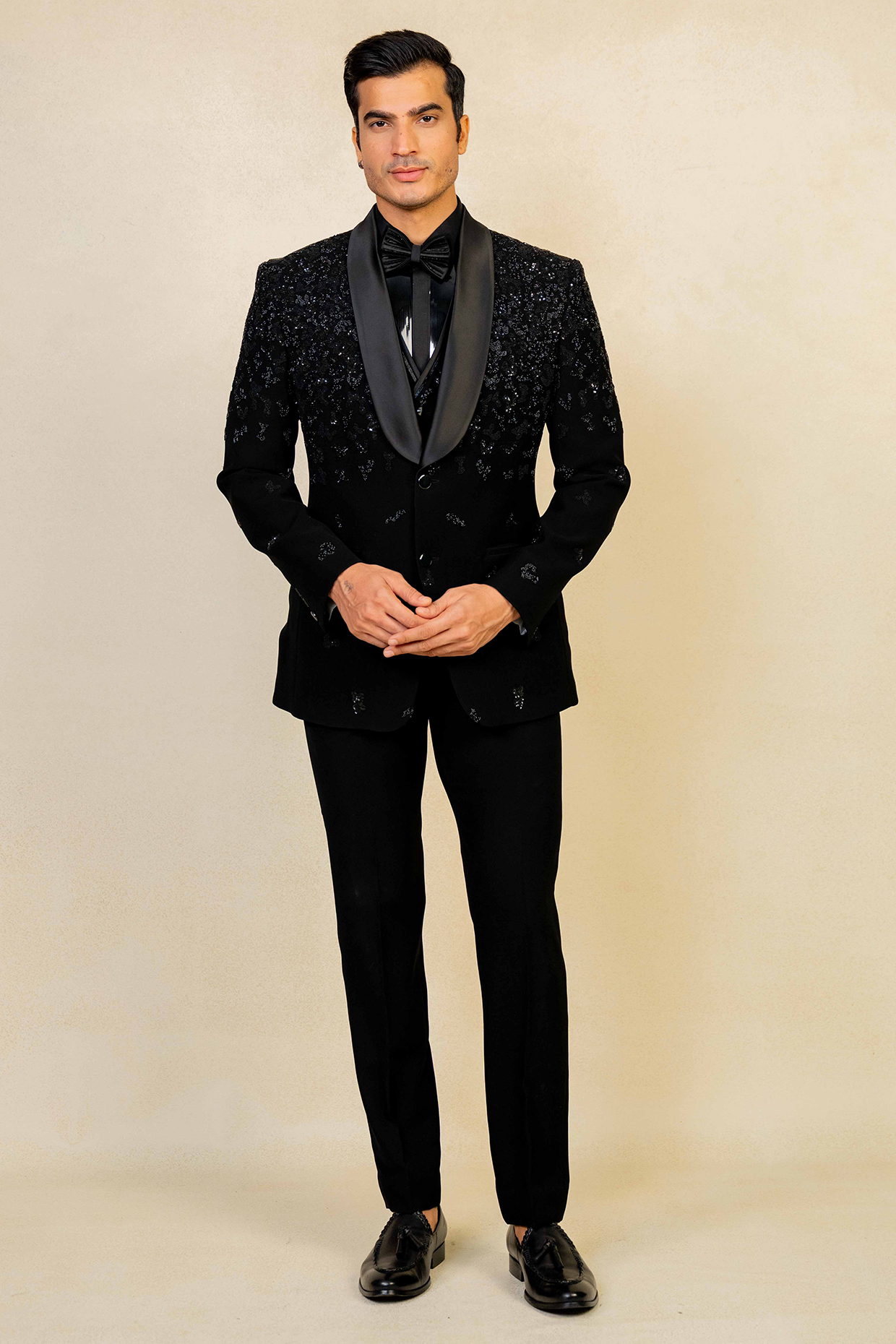 Black Poly Lycra Cutdana Embroidered Tuxedo Set by ADANI
