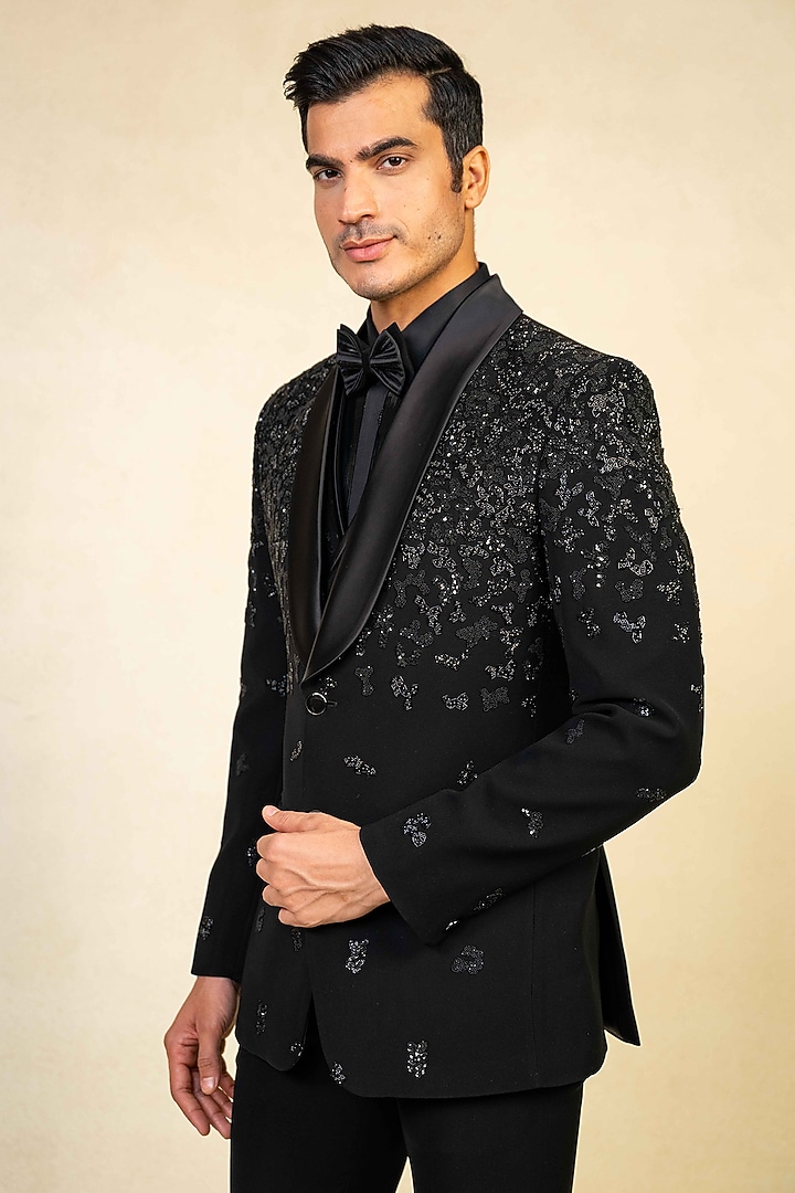 Black Poly Lycra Cutdana Embroidered Tuxedo Set by ADANI at Pernia's Pop Up Shop