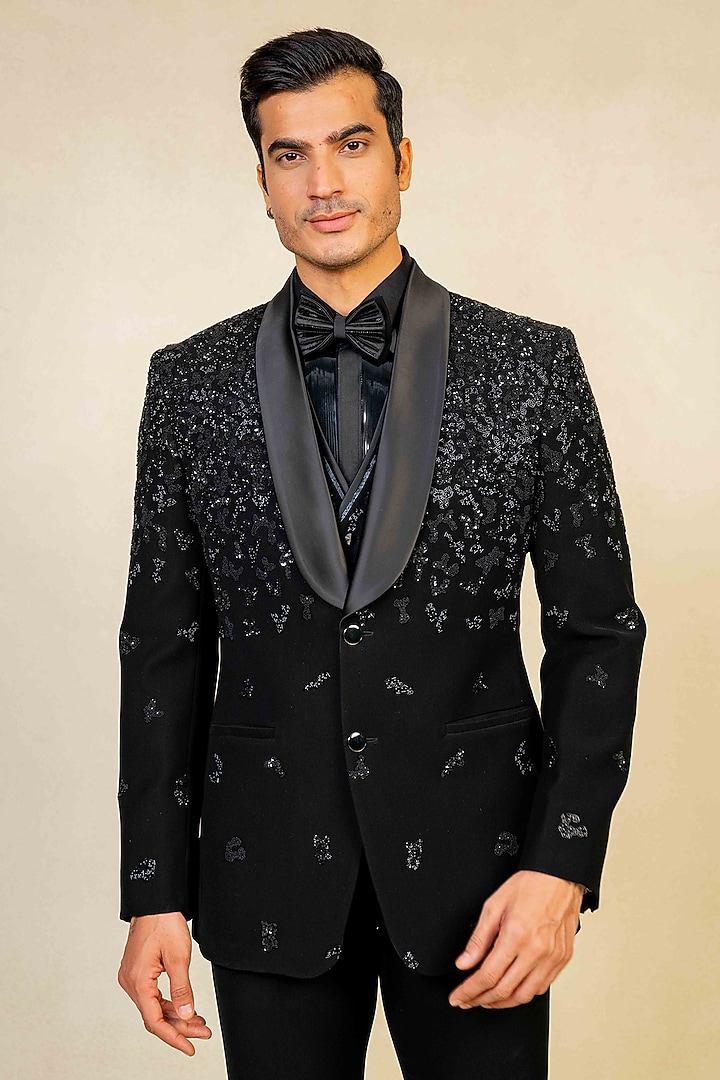 Black Poly Lycra Cutdana Embroidered Tuxedo Set by ADANI at Pernia's Pop Up Shop
