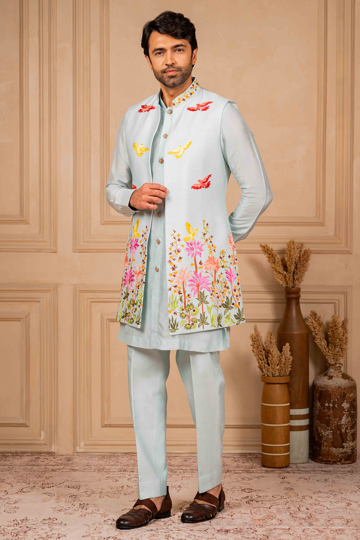 Ice Blue Dupion Silk Embroidered Long Jacket Set  by ADANI