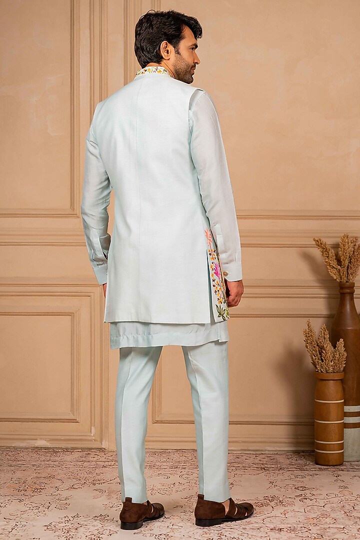 Ice Blue Dupion Silk Embroidered Long Jacket Set  by ADANI at Pernia's Pop Up Shop